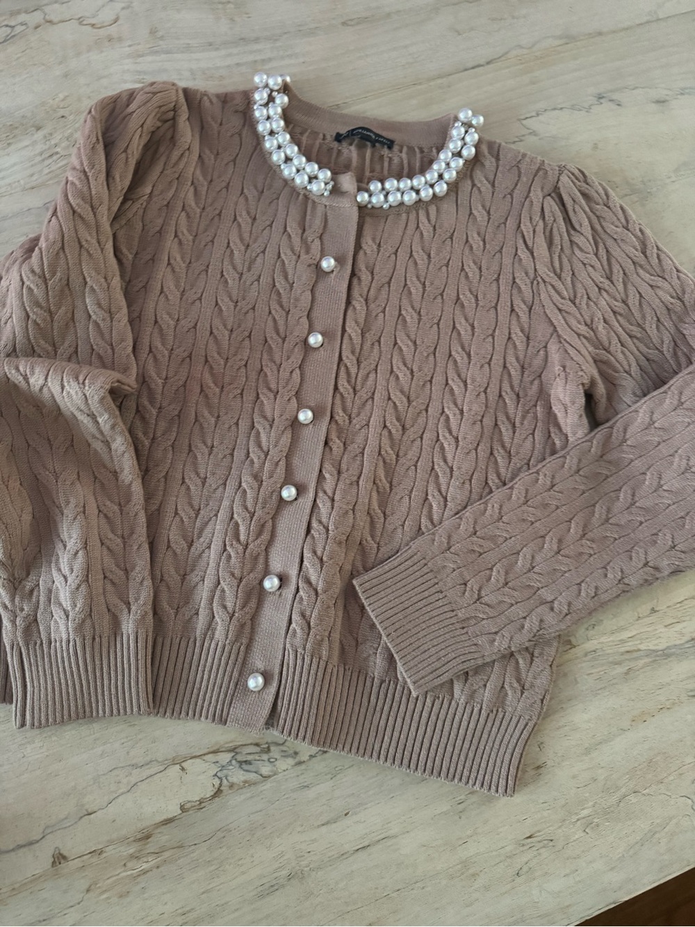 Adrianna Papell Taupe Cable-Knit Pearl-Button Cardigan - Picture 2 of 3